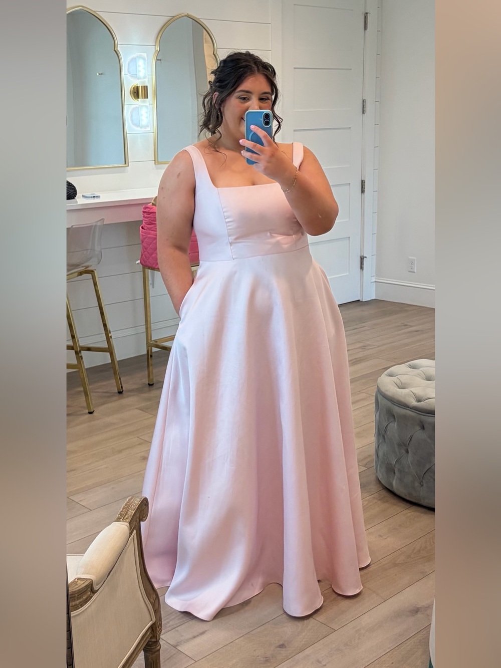 Square-Neck Maxi Dress in Ballet Pink with Pockets